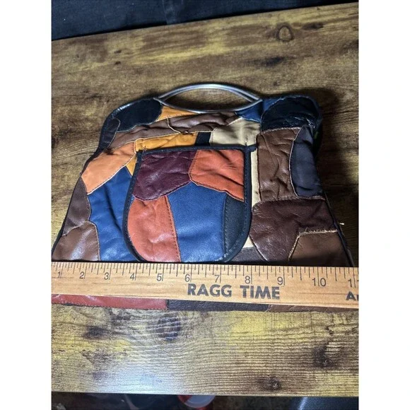 Patchwork Leather Purse Vintage Handmade Hong Kong Silver Tone Eye Arch Handle - Picture 7 of 14